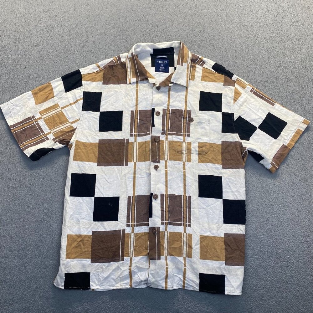 Trust Men's Button‎ Up Shirt Color Block Brown Linen Short Sleeve Size XL Linen